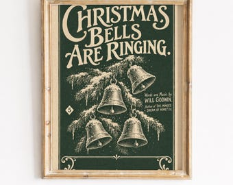 Vintage kerstklokkenprint, donkergroene landelijke kerstmuurdecoratie (digitale download)