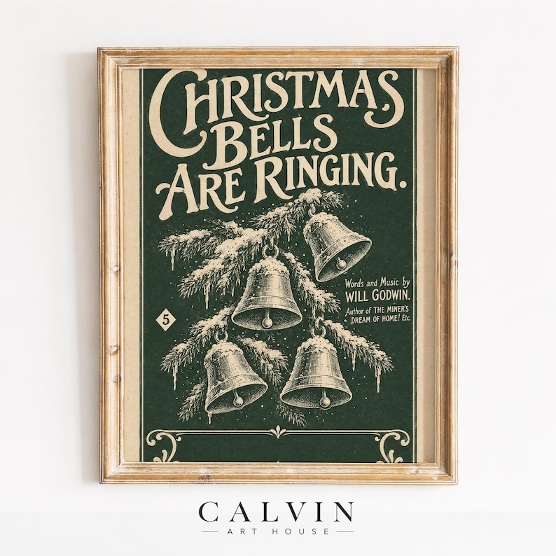 Retro holiday bells printable art featuring antique typography and festive farmhouse aesthetic on green background