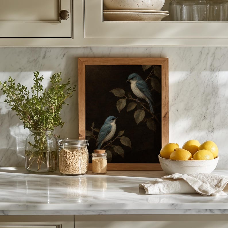 Perched birds artwork for home office — moody dark background with softly rendered foliage