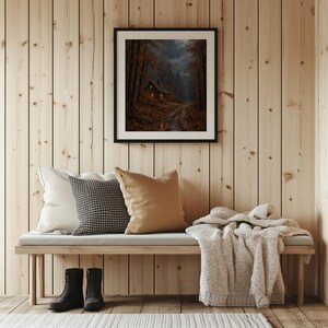 Cozy forest dwelling picture instant download — moody seasonal scene with warm cabin glow