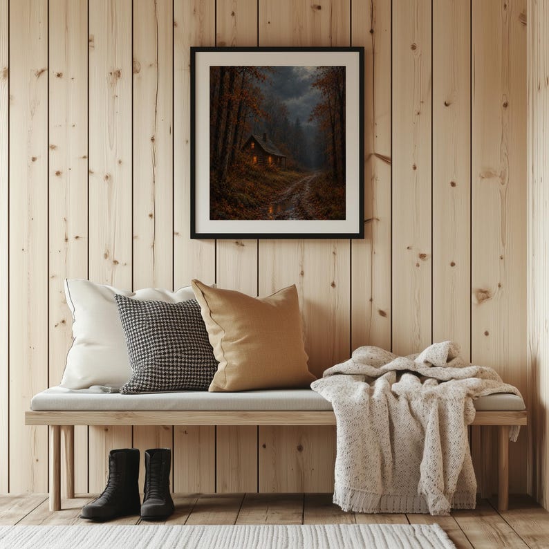 Cozy forest dwelling picture instant download — moody seasonal scene with warm cabin glow