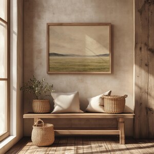 Subtle pastoral digital picture printable for office — calm open field with textured sky