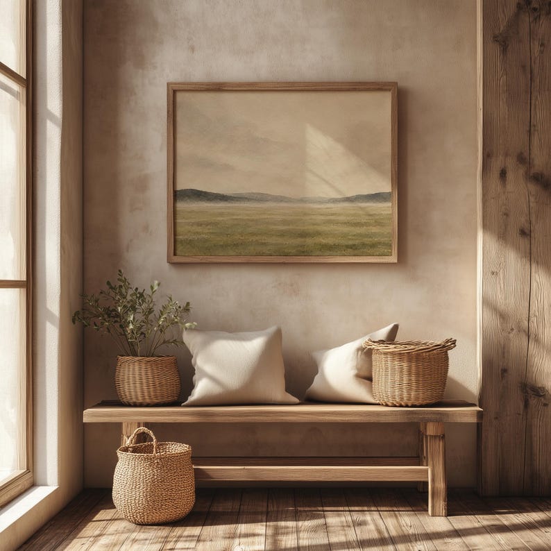 Subtle pastoral digital picture printable for office — calm open field with textured sky