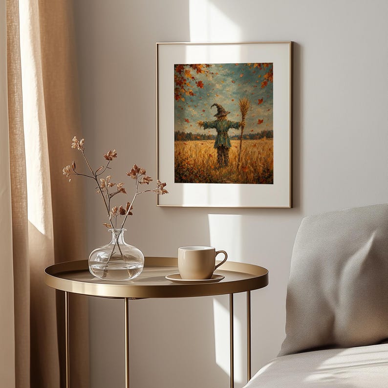 Broomwielding scarecrow instant download for gallery wall — rustic painting with rich amber, teal, and rust tones for fall display