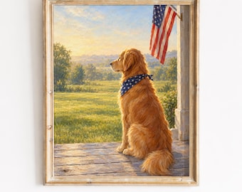Golden Retriever Patriotic Print, Rustic Farmhouse Wall Art (Digital Download)
