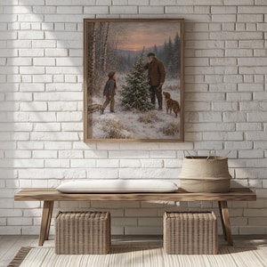 Winter woodland Christmas picture for den — elderly man, young child, and dog with sled among birch and pine trees