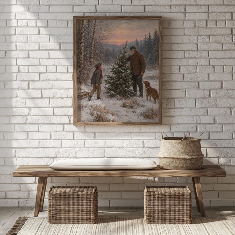 Winter woodland Christmas picture for den — elderly man, young child, and dog with sled among birch and pine trees