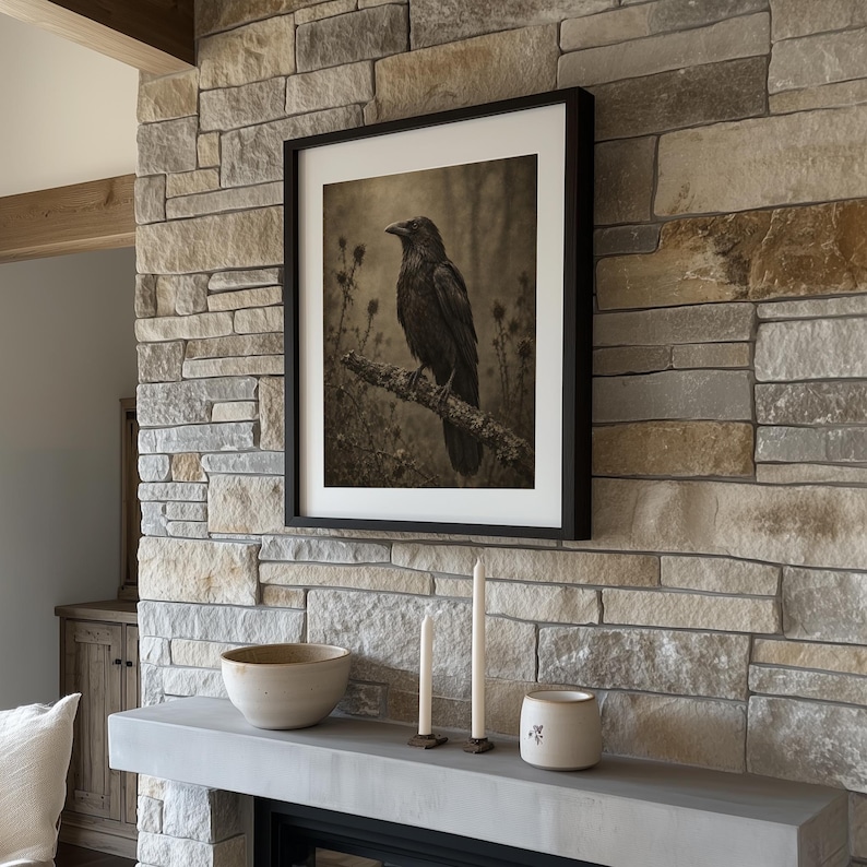 Dark academia raven wall poster for gothic room — muted tones with overgrown thistle stems and soft shadowy focus