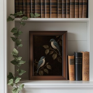 Blue winged pair wall art for entryway — vintage oil painted effect with muted earthy tones
