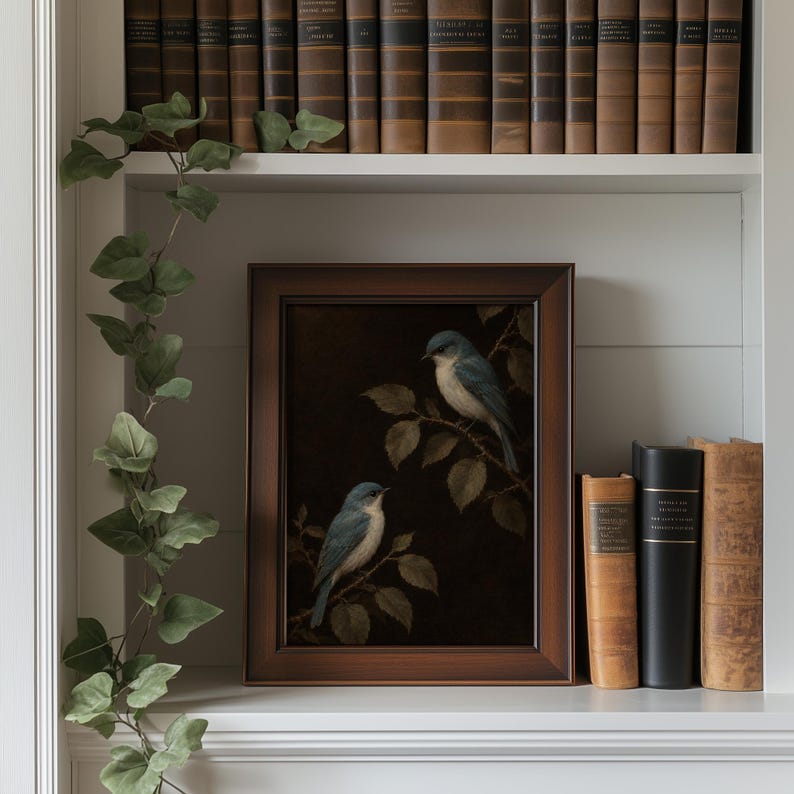 Blue winged pair wall art for entryway — vintage oil painted effect with muted earthy tones