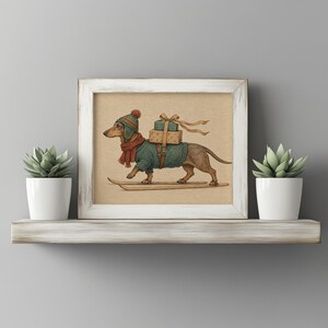 Rustic Christmas dog picture for entryway — vintage-inspired illustration with teal and rust accents