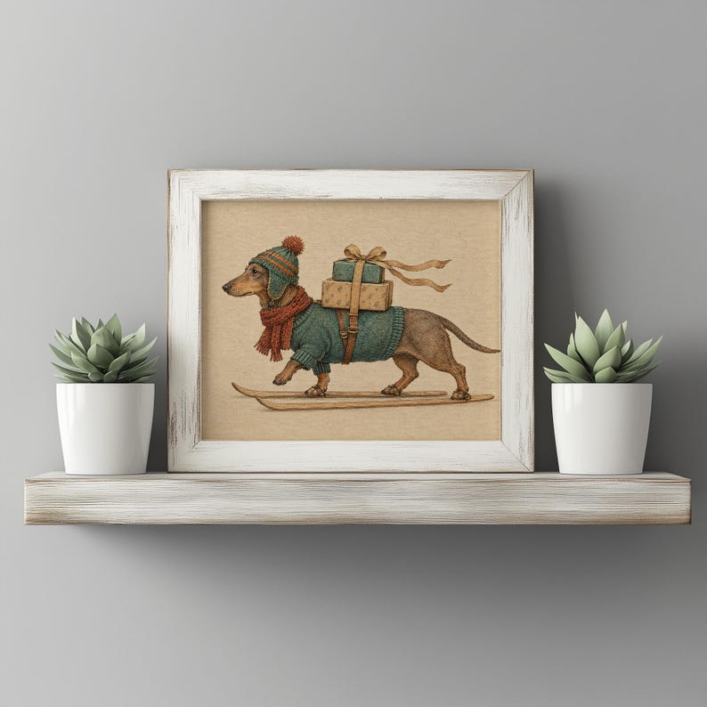 Rustic Christmas dog picture for entryway — vintage-inspired illustration with teal and rust accents