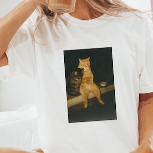 T-shirt roker kat meme, grappige kattenliefhebbers T-shirt, nacht straat katten afbeelding, meme liefhebbers shirt, vintage esthetische kat T-shirt, virale cadeau uniseks