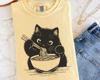Funny Ramen Cat Shirt Comfort Colors® Cat Mom Tee Noodle Eating Cat Tee Guys Animal Crewneck Bestie Foodie Gift Cat Related Womens Clothing