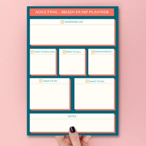 Peut inclure: Un planificateur "Brain Dump" bleu sarcelle et corail avec le texte "ADULTING - BRAIN DUMP PLANNER". Les sections incluent "Shopping List", "Need to Email/Msg", "Need to Call", "Appointments", "Need to Do", "Want to Do" et "Notes".