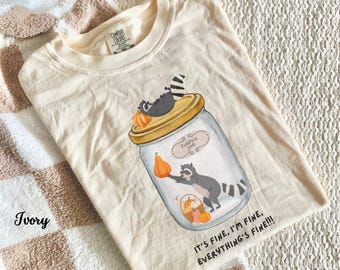 Colores cómodos Mapache Calabaza Está bien Estoy bien Todo está bien Camiseta Camisetas divertidas de otoño Camiseta desquiciada Ropa divertida de mapache Vibraciones de otoño