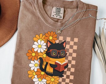 Comfort kleuren geruit kat en boek shirt met retro bloemen kattenliefhebber cadeau boek nerd tshirt herfst bibliothecaris lezing T-shirt herfst schoolse top