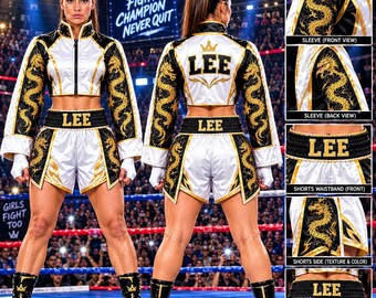 Custom Women's Boxing Set, Personalized Fight Night Robe & Shorts, Gold Dragon MMA Outfit