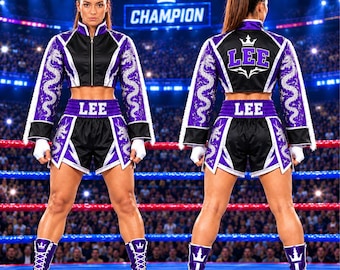 Women’s Boxing Set, Custom Boxing Outfit, Boxing Jacket & Shorts, Purple Black Boxing Gear, Personalized Fightwear