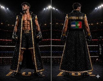 Custom Boxing Robe and Shorts Set, Personalized Fight Night Ringwear, Black Gold Trim