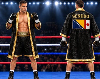 Custom Boxing Robe and Shorts Set, Personalized Fight Night Ringwear, Gold Trim Fighter Outfit