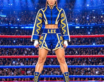 Custom Women's Boxing Outfit, Blue Dragon Fight Gear, Cropped Fighting Jacket & Matching Shorts
