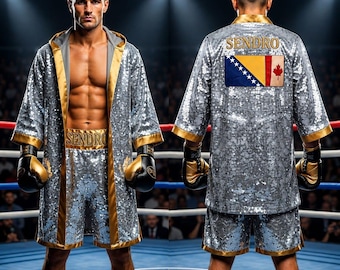 Custom Boxing Robe & Shorts Set, Gold Trim, Personalized Fight Outfit