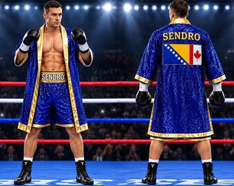 Custom Boxing Robe & Short Set, Personalized Fight Night Ringwear, Gold Trim Walkout Robe