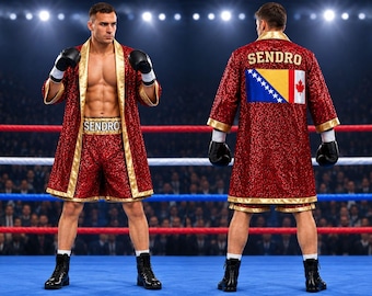 Custom Glittered Boxing Robe & Shorts Set, Red Gold Trim, Personalized Fighter Gear