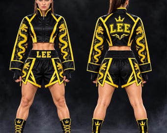 Custom Women's Boxing Outfit,  Dragon Fight Gear, Cropped Fighting Jacket & Matching Shorts, Personalized Boxing Set
