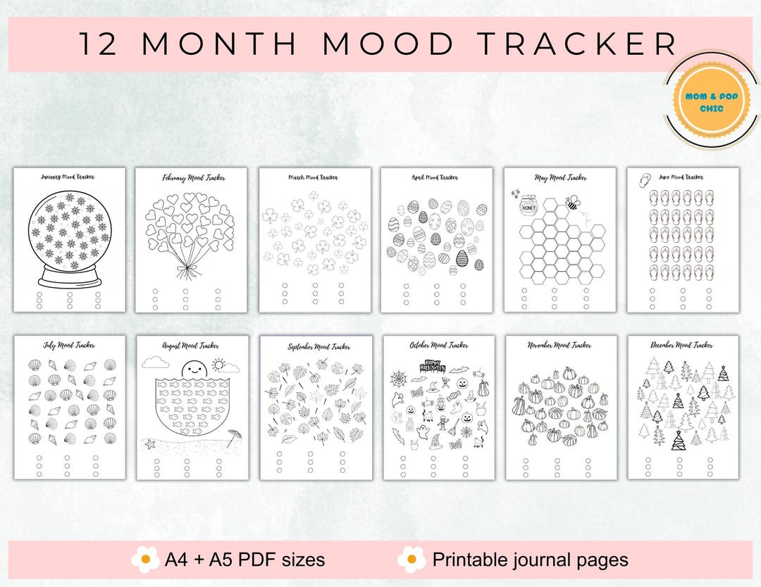 12 Month Mood Tracker Bundle | Printable Self Care Journal Pages | A4 ...