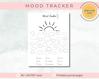 May include: A printable mood tracker with the title "MOOD TRACKER" at the top. The design features a sun and cloud illustrations, with options to track feelings like happy, sad, and angry. The text "A4 + A5 PDF sizes" and "Printable journal pages" are also included.