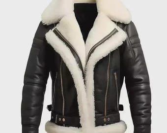 Men's Real Leather RAF Aviator B3 Pilot Flying Shearling Bomber Fur Black Jacket