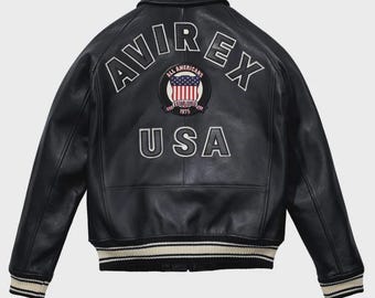 Herren Avirex Black Real Bomber American Fliegerjacke Lederjacke für Herren