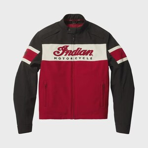 May include: A black, white, and red jacket featuring a stand-up collar and a full-length front zipper. The chest displays the text Indian Motorcycle in a script font. The sleeves have red and white stripes, and the lower body is solid red.