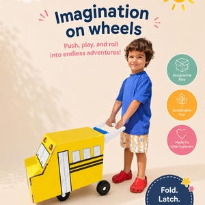 May include: A yellow cardboard school bus trolley with black wheels and a white handle. Text reads: trollee, Imagination on wheels, Push, play, and roll into endless adventures!, Imaginative Play, Sustainable Fun, Made for Little Explorers, Fold. Latch. Play.