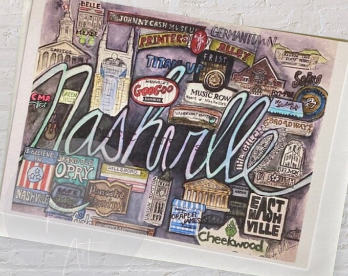 Nashville Watercolor Notecards 5x7 inch flat with envelope, set of 5, realtor gifts, Nashville stationary
