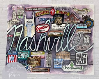 May include: Watercolor art print of Nashville, Tennessee, featuring the city's name in large script. The artwork includes illustrations of landmarks like the Capitol, Ryman Auditorium, and the Johnny Cash Museum, with a purple and white color scheme.