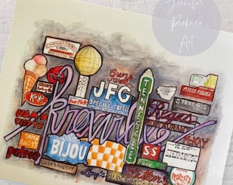 May include: A watercolor painting of a vintage sign that says "Remarkable" with a variety of other signs and graphics surrounding it. The signs include "JFG Special Coffee", "Kay's", "Mammy's Cuptys", "Sam Andy's Petros", "Bijou", "Tennessee", "Regas Restaurant", "Ye Olde McKay Steakhouse", "Sterchis", "Pizza Palace", "Litte's Market Restaurant Bakery", "Long's", and "Suav".