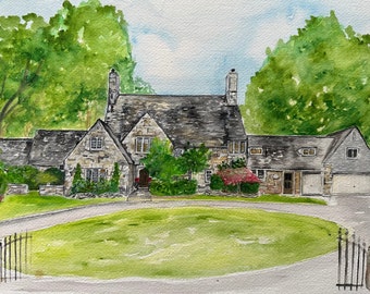 May include: Watercolor painting of a large stone house with a gray slate roof, surrounded by lush green trees and a circular driveway. The house has multiple windows, a chimney, and a garage. The painting captures a serene, natural landscape.