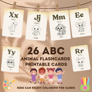 Flashcards do alfabeto ABC para crianças – Letras de animais de A a Z com fonética – Cartões de aprendizagem fofos para impressão – Download digital