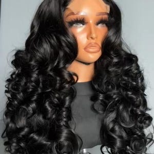 Long SDD Layered Bouncy Curly Wig Black Brown Center Part Lace Front Human Hair Wavy Wig For Women With Bang