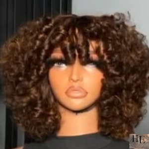 10 inches Short Dark Brown Curly Full Fringe No Lace Wig Human Hair Brown Bouncy Wavy Wig Natural Looking Glueless Wig For Women M-061