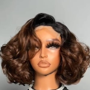 Side Part, Short Wavy Lace Front Human Hair Bob Wig Glueless Brown, Black Curly Wig With Bang For Ladies (XY-1055)