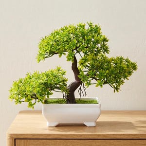Artificial Bonsai Tree in Pot - Small Faux Japanese Pine Plant for Desk Decor - Low Maintenance Table Top Decor Gift - Green