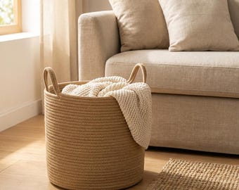 Cesto portaoggetti in corda di cotone, cesto portabiancheria intrecciato con manici, cesto per cameretta in stile boho, decorazione per la casa in stile cottage color kaki, disponibile in 3 misure.
