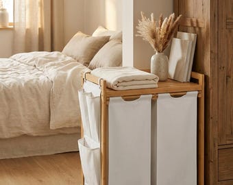 Bamboe wasmand, housewarming cadeau, sorteermand met 2 vakken en plank, uittrekbare mand van 100 liter, Japandi woondecoratie, badkamerorganisatie