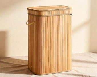 Bambu-tvättkorg med lock, hög smal tvättkorg 72 liter, bohemisk badrumsförvaringslösning, hopfällbar sorterare