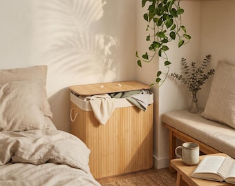 Cesto portabiancheria in bambù con coperchio, cesto a 3 scomparti, grande contenitore pieghevole da 170 litri per vestiti, contenitore per il bagno, regalo ecologico per la casa