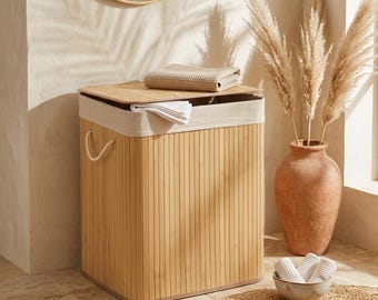 Cesto de ropa de bambú con tapa, cesta de lavandería tejida, cesto de ropa de bambú natural, cesta de almacenamiento para baño estilo boho, organizador ecológico
